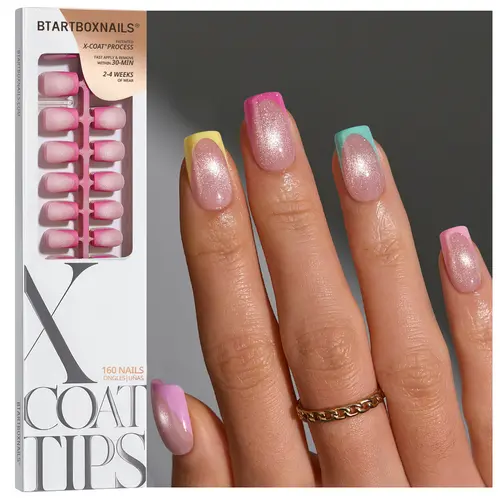 BTArtboxnails XCOATTIPS 5 Bright Pastel French Tip Press on Nails - Square or Almond or Coffin or Stiletto, Cat Eye Base, 4-Week Wear, Easy-to-Apply, Soak Off, Salon Quality Value at Home, 16 Size - 160 Fake Nails