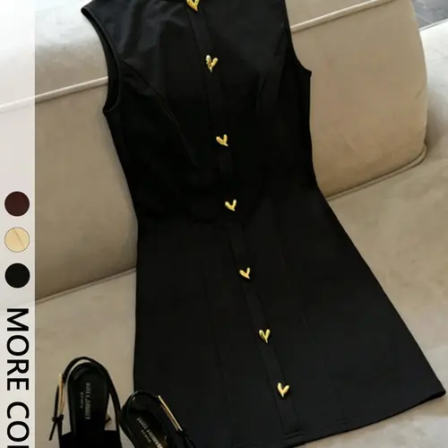 1 Piece Elegant Black Sleeveless Fitted Women's Mini Dress with Heart-Shaped Button Detail, Summer Clothes