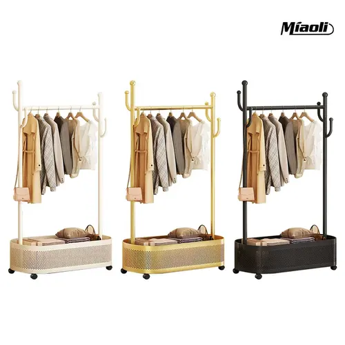 MiAoLi Multifunctional Furniture Coat Rack with Storage Basket - 360° Movable Rotation, Multi-Size 60cm Gold Small-Space Hero for Tidy Coats & Bags, Hats & Scarves, Bedroom Use