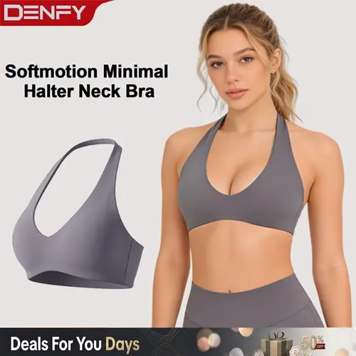 DENFY Softmotion Minimal Halter Neck Bralette for Women - Seamless Open Back Padded Low Impact Sports Bra Yoga Gym Everyday Activewear Tank Top #BackToSchool