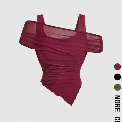 1 Spring Summer Off Shoulder Mesh Crop Top Women | Burgundy Sleeveless Ruched Asymmetric Hem Top with Lining | Y2K Baddie Coquette Casual Style for Date Night Club Party Wear Womenswear Bodycon Fitted Top
