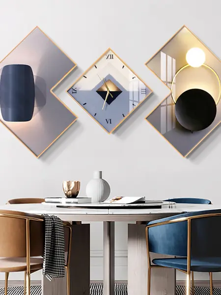 Homary 3-Pcs Square Modern Geometric Silent Aluminium Analog Wall Clock Set - Gold-Frame Canvas Artwork, Hanging Aesthetic Room Decor, House Decor Entryway Accessory