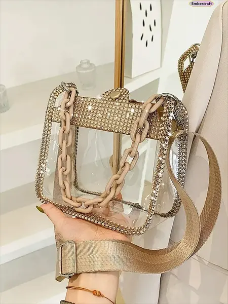 Women's Transparent PVC Crossbody Saddle Purse - Retro Plain Design with Rhinestone Chain Strap, Mini Bling Accessory for Women, Elegant Bag, Stylish Versatile Bag for Casual Wear, Concerts, Rhinestone Bling Bag