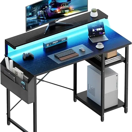 HLDIRECT 40-Inch Heavy Duty Wobble-Free Gaming Desk - Soft LED Glow, Ergonomic Sit-Stand Monitor Arm, Side Storage Shelves, Storage Bag, Adjustable Height Office Furniture for Home Office, Man Cave