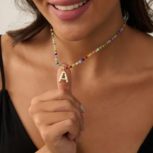 Women's Initial Necklace - Bohemian Bright Colored Beaded Choker with Natural Pearl, Gold-Plated Letter Pendant, Meaningful Costume Jewelry Gift, Bright Colored Necklaces