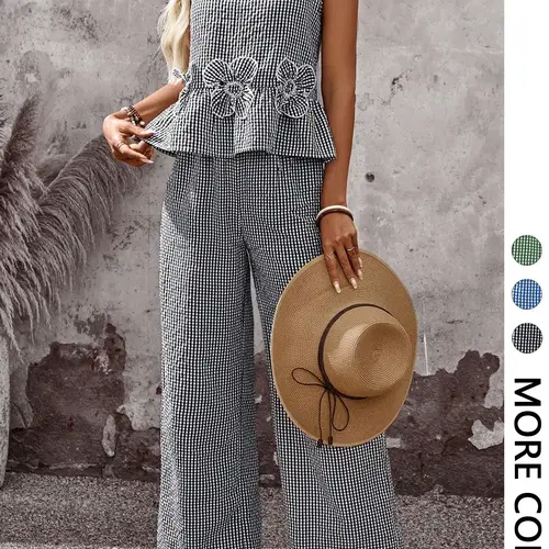 Women's Summer Vacation Casual Sleeveless Floral Top and Loose Pants Set, Plaid Lounge Set, 2 Piece, Comfortable and Stylish Clothes, Summer Outfit Set
