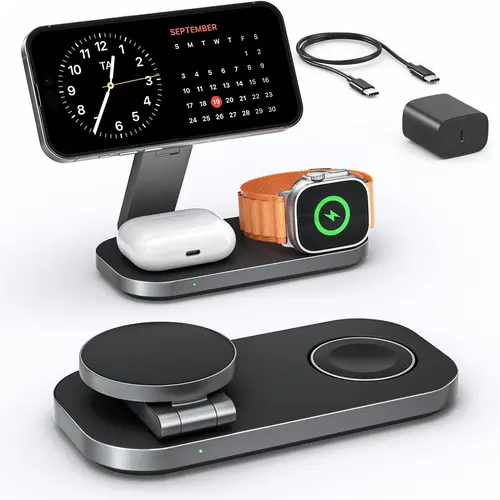 RESSONIC 3-in-1 Hub Magnetic Phone Charger Charging Dock - 25W Multi-Charge Wireless Station with Cooling Fan for MagSafe Phones, Wearables, Earbuds (65W Adapter Included)
