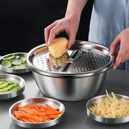 Silver Rust-Resist Steel 3-Piece Kitchen Utensils Set - Kitchen Accessories with Integrated Grinder, Multifunctional Filter, Draining Mixing Bowl - Food-Safe for Fruit, Vegetable Prep, Wash, Cook, Mix Then Serve