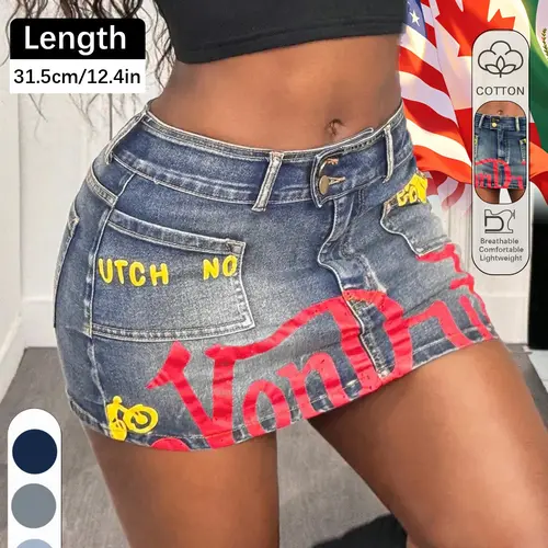 Women's Y2K Vintage Graffiti Denim Short Tight Bodycon Skirt, High-Waisted Stretchy Casual Wear for Outings & Parties