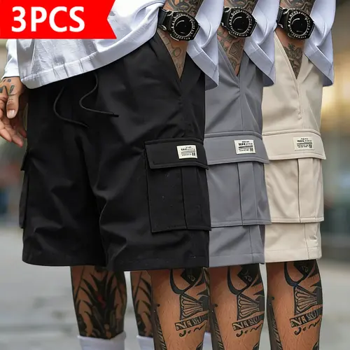3-pack men’s cargo shorts, mid-thigh length (doesn’t go past the knee), non-stretch fabric, wear-resistant and tear-resistant material, multi-purpose pockets, no rear pocket, adjustable waistband — suitable for gym workouts, hiking, and jobsite tasks; gre