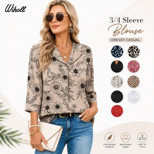 WIHOLL Women's Chic 3/4 Sleeve V-Neck Blouse - Soft, Breathable, Quick Dry Business Casual Top, Women's Tops and Blouses, Corporate Office Wear, Summer to Fall Essential, Going Out Option