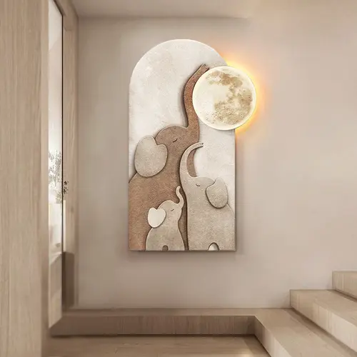 Homary 31.5" Arched LED Strip 3D Acrylic Elephant Moon Wall Sculpture - Artistic Animal Wall Decor, MDF Hanging Decoration, Warm White Wipe-Clean Modern Indoor Room Decor for Living Room, Bedroom