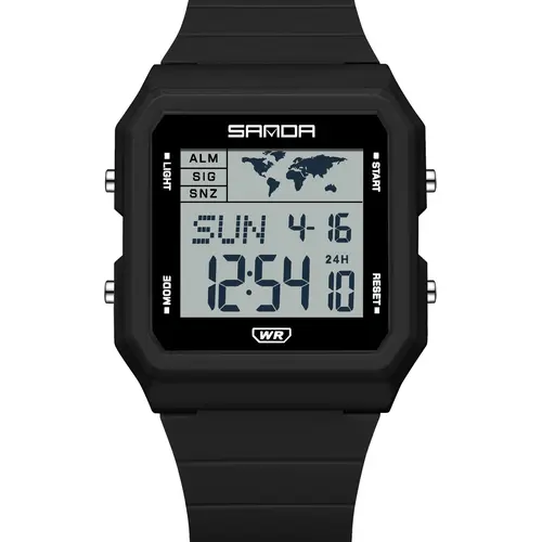 Sanda 2217 Retro Square Electronic Watch, World Map Dial, 50m Waterproof, Dual Time Zone, Night Light, Thin Student Watch