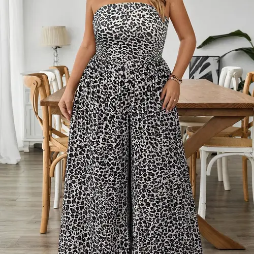 Women's Plus Size Tight-Fitting Sleeveless Strapless Halter Jumpsuit Animal Print Summer Casual Date, Comfortable and Stylish One-Piece Romper