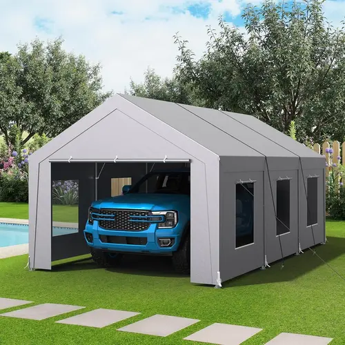 ONBRILL 12x20 ft Sturdy Heavy Duty Carport, Reinforced Steel Frame Car Port with 6 Roll-Up Windows, Removable Sidewalls, Straps & Storage, Weatherproof All-Season Portable Garage Canopy (Assembly Required) for Boat, Truck (Light Grey), Triangular Rods Add