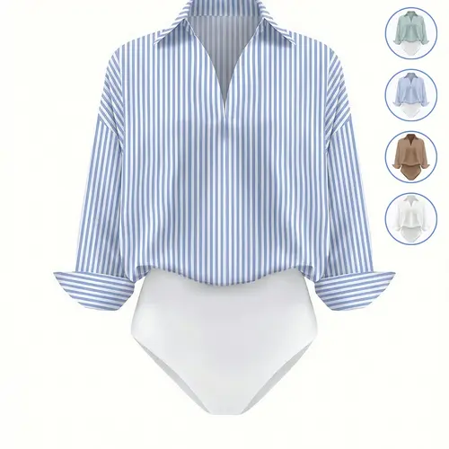 Women's Casual Striped Loose Minimalist Long Sleeve Shirt Stripes Print Bodysuit, Stylish One-Piece for Daily and Commuter Wear, Comfortable and Trendy Design