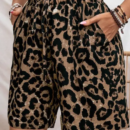 Plus Size Women's Leopard Print Pockets Drawstring Shorts, Casual Summer Elastic High Waist Shorts, Breathable Comfortable Shorts, Short Womenswear Clothes