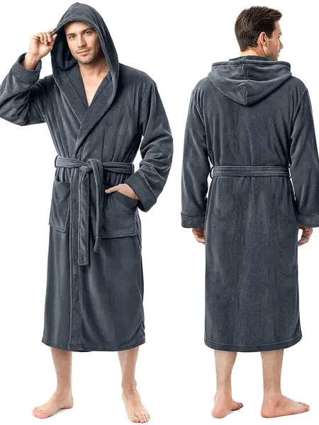 NY Threads Mens Robe with Hood, Soft Luxury Plush Coral Fleece Hooded Mens Bathrobe with Belt, Spa Bath Robe for Men Loungewear Nightwear