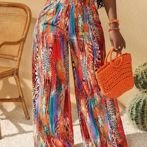 Women's Plus Size Loose Fit Tropical Style High Waist Pants, Casual Elastic Waist Trousers, Bohemian Palazzo Trousers, Comfortable and Stylish Boho Style Casual Wear for Summer