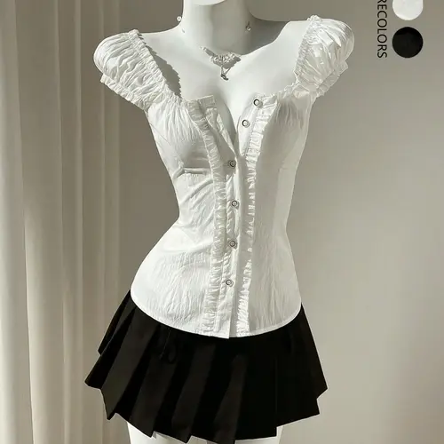 Women's Summer Fitted Blouse Top, Casual Short Sleeve Button Shirt, Sweet Slimming Daily Wear, Blouses Shirts Tops