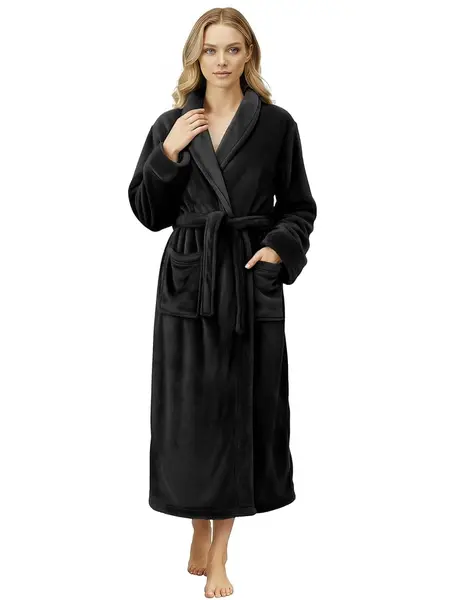NY Threads Women's Soft Fluffy Fleece Shawl Collar Long-Sleeve Bathrobe with Pockets, Plush Loungewear Gown Featuring Adjustable Belt