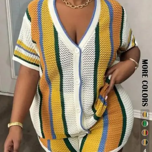 Women's Colorblock Striped Button Front Top & Shorts Set, Casual Chic V Neck Top & Shorts for Beach Holiday Vacation, Ladies Summer Clothes, Womenswear