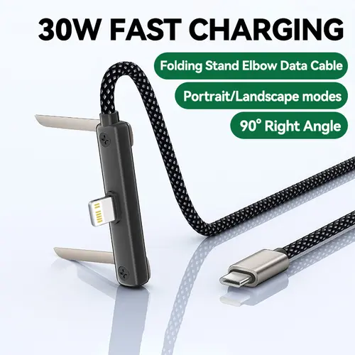 KAXOE 30W 90-Degree Angled Electronic Game Charger Cable, Built-in Folding Phone Holder, Fast Charging USB to L Cable for iPhone 11 12 13 14 Pro Max, Smartphone, Cellphone, iPad,back to school,back to school haul