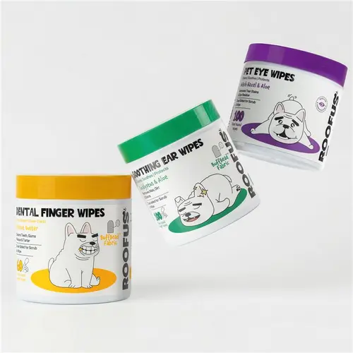 Roofus Clean Pup 3-Pack Dual Sided Wipe Set – Finger Wipes (Peanut Butter, 60), Soothing Ear (Eucalyptus & Aloe, 100), Pet Eye (Witch Hazel & Aloe, 100) with BuffBead Fabric, Easy Cleaning & Quick Care Finger Use