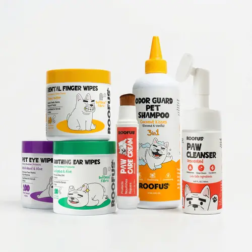 Roofus Pampered Pup 6-Piece Complete Dog Grooming Kit Bundle - Silicone Foaming Cleanser, Dental/Ear/Eye Wipes, Paw Cleanser, Paw Care Cream, Odor Guard 3-in-1 Shampoo (0.69 fl oz, 5.07 Fl Oz / 150Ml, 16 Fl Oz / 473Ml) | Lick-Safe, BuffBead Fabric