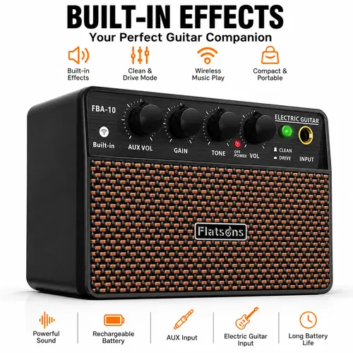Flatsons FBA 10W Vintage Mini Electric Guitar Amplifier - 3.5mm Headphone/AUX Jacks, Clean/Distortion Channel, USB-C Rechargeable Battery, Wireless Portable Speaker for Traveling, Indoor Practice