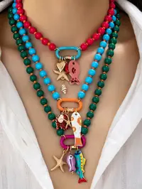 3-Piece Summer Beach Multi-Layer Resin Beaded Necklace Set, Boho Style Necklace with Colorful Fish and Starfish Charms for Women, Boho Trendy Jewelry for Vacation and Beach Parties