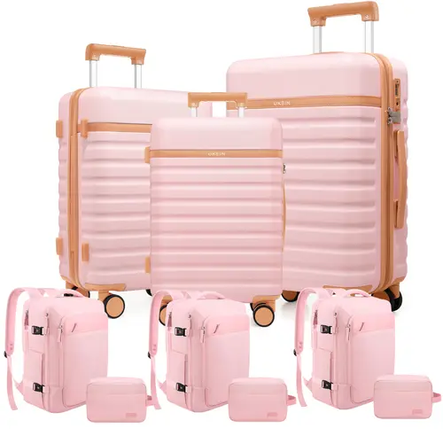 UKEIN 20“/24”/28“ Luggage Set with 3Pcs Travel Backpack&Toiletry Bag PC Hardshell Suitcases with Spinner Wheels and TSA Lock, Carry-On and Checked Luggage for Men & Women #Summervibes, Luggage Sets,summervibes Luggagesets Lightweight Weekender Bag