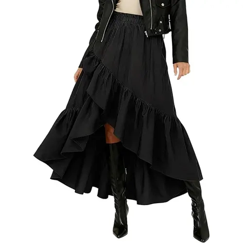 Bsubseach Women's Soft Boho Western High-Waist Asymmetrical Wrap Ruffle Maxi Skirt - Solid Lightweight Polyester, High-Low Hem, Side Slit, Beach Wear, Country Concert Outfits, Renaissance Fair, Matches Tank Top/Blouse/Corset Tops, Flowy Boho Chic Skirts