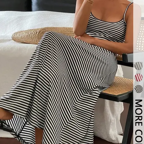 Women's Summer Striped Beach Vacation Long Dress, Casual Lightweight Breathable Thin Strap Beachwear, swimwear cover up, Swimsuit Cover Ups, Womenswear