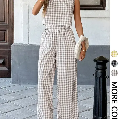 Women's Casual Fashion Vacation Set, Matching Set Outfit, Baggy Plaid Sleeveless Vest with Back Buttons and Loose Long Pants Two-Piece Set