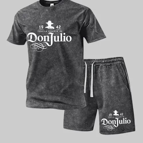 Men’s summer letter-print washed cotton athletic short-sleeve top and shorts set; casual loose fit with a drawstring waist; beach shorts with pockets; emo/moody aesthetic; Y2K style; suitable for running, golf, fishing, basketball, camping, gym, swimming,
