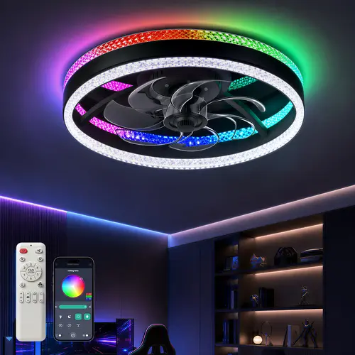 DEMILARE Contemporary RGB Fan Light Fixture Ceiling Lighting, Modern Flush Mount Low Profile Indoor Unit with Dual Color Changing Light, 6-Speed Quiet Reversible Motor, Remote Control, for Bedroom, Kids Room, Home Office, Ceiling Lights, Fan-Shaped Ceilin