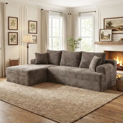L-Shaped Modular Sectional Sofa with Chaise, Boneless Comfy Corduroy Fluffy Couch with Deep Seat and Side Pockets, Flexible Module Combination for Living Room, No Assembly