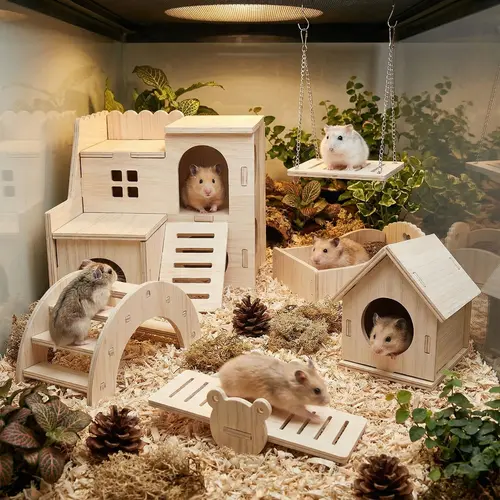 SmartWell Natural Wooden Hamster Hideout & Deluxe 6-Piece Playground Set, Nail-Free Mortise-Tenon Safe Accessories with Seesaw, Bridge, Bed, Swing – Chew Toy, Exercise Boredom Buster for Dwarf Hamsters, Small Animal Cage Habitat Enrichment