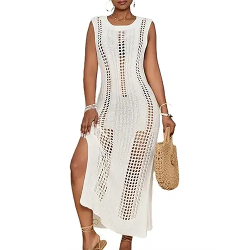 Bsubseach Women's Crochet Sleeveless Coverup - Lightweight, Breathable Knit Hollow Out Bathing Suit Cover Ups for Summer Beach Bikini Wear, Gentle Wash Compatible, Knit Cover Up