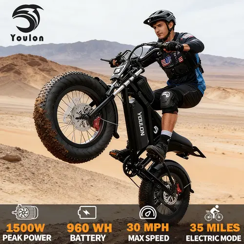 YOULON 1500W Peak  Electric Bike for Adults, 30MPH, 48V 23Ah Removable Battery, 20"x4" Fat Tire All-Terrain Ebike, 7-Speed Shimano, Dual Hydraulic Brakes, Full Suspension, 330LBS Load, IPX6 Waterproof Off-Road E-Bike summerwins