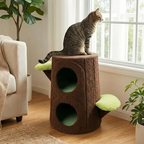 COMHOMA 2-Tier Modern Geometric Bionic Tree Stump Cat Tree Tower with Cat Bed, Heavy-Duty Steel Frame Detachable Pet House Condo, Soft Teddy Velvet Machine Wash Non-Slip Multipurpose Ottoman Stool (450lbs Capacity), Stain Resistant