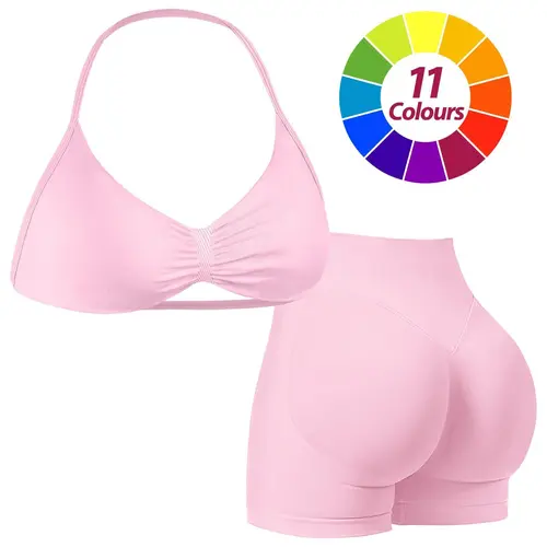 JGS1996 Women's 2 Piece Sports Set – Solid Backless Halter Crop Top & High Waist Seamless Shorts, Breathable Yoga Gym Running Outfit for Summer, Multifunctional Activewear
