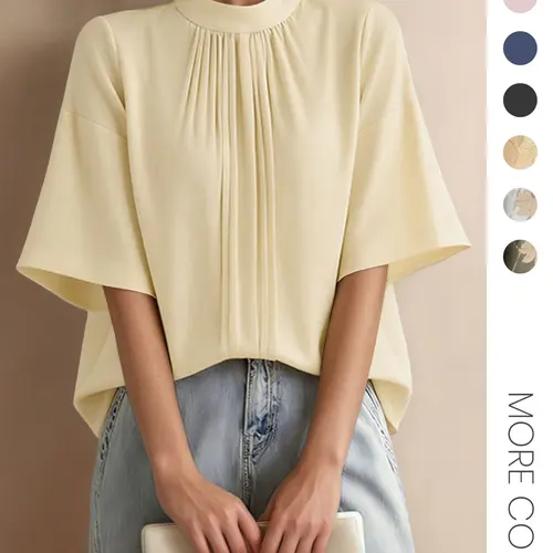 ZANZEA Women's Casual Loose Fit Style Top Blouse Shirt Elegant Stand Collar Half Sleeve Wrinkled Plain Design Suitable for Outdoors Commuting