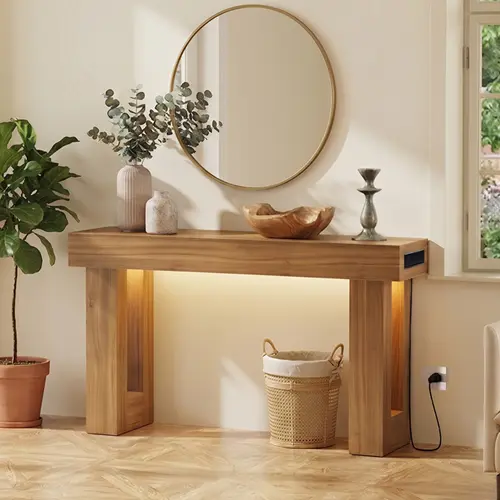 63 Inch Entryway Table with Socket and Sensor Light, Farmhouse Wooden Sofa Table Behind Couch or Foyer Table, Narrow Console Table with Storage Shelf for Living Room, Entrance, Hallway, Easy Assembly