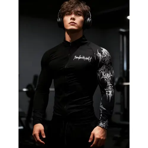 Men's Slim-Fit Geometric Print Gym Jacket - Sweat-Wicking, Breathable, Quick-Dry, Lightweight Sports Outerwear Ideal for Fitness, Hiking