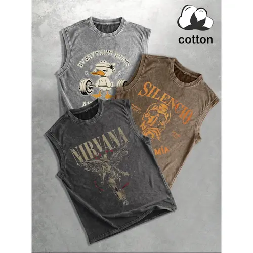 Angel pattern cotton vintage distressed men's vest three-pack round neck fashionable sleeveless top, street hip-hop Graphic print, men's summer three-pack