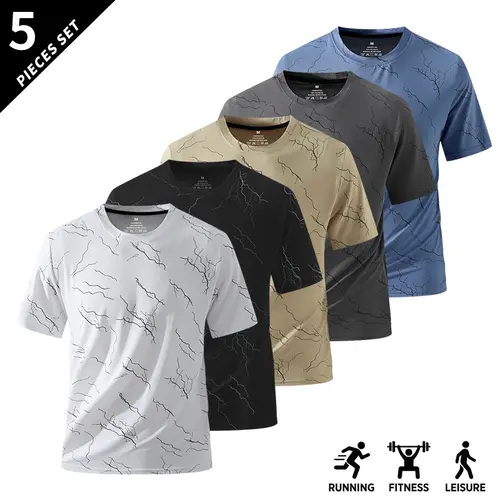 Men’s 5-Pack Sporty Chic Summer T-Shirts, Crew Neck, Quick Dry, Breathable Short Sleeve Tops, Suitable for Gym Workouts, Outdoor Hiking, Everyday Wear, Couples Gift