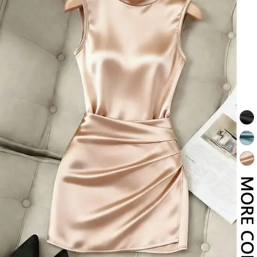 1 Spring Summer Satin Bodycon Mini Dress Women | High Neck Sleeveless Ruched Waist | Old Money Quiet Luxury Style Formal Wear for Office Date Night Party Wear Womenswear Elegant Chic
