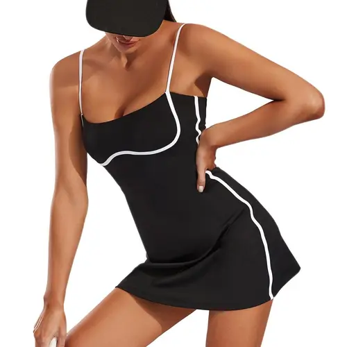 Women's Nylon Fitted Square Neck Sleeveless Quick Dry Athletic Dress - Tank Top Style, Adjustable Removable Bra, Built-in Shorts with Pockets, Sporty Chic Tennis Attire for Tennis, Golf (Women's Clothes)